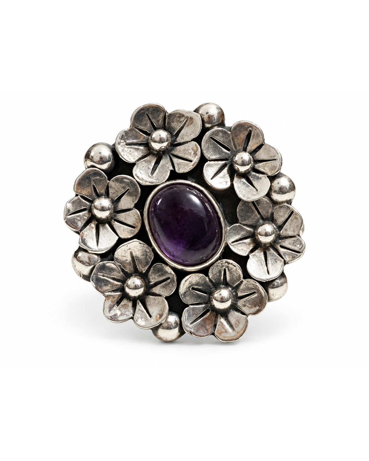Anillo de amatista con flores de plata .925, vista frontal.