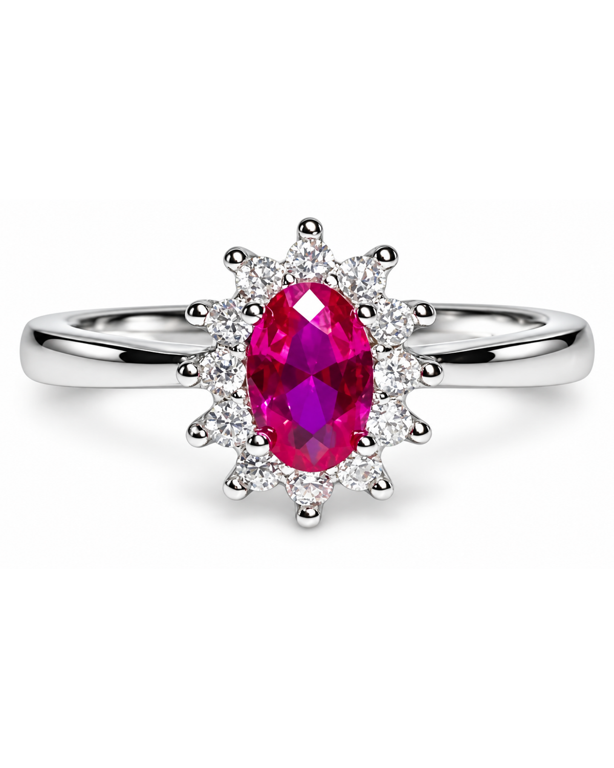 Anillo Aurora de rubí de laboratorio con halo de zirconias en plata .925, vista frontal.