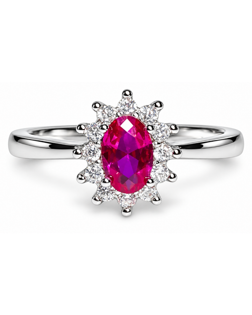 Anillo Aurora de rubí de laboratorio con halo de zirconias en plata .925, vista frontal.