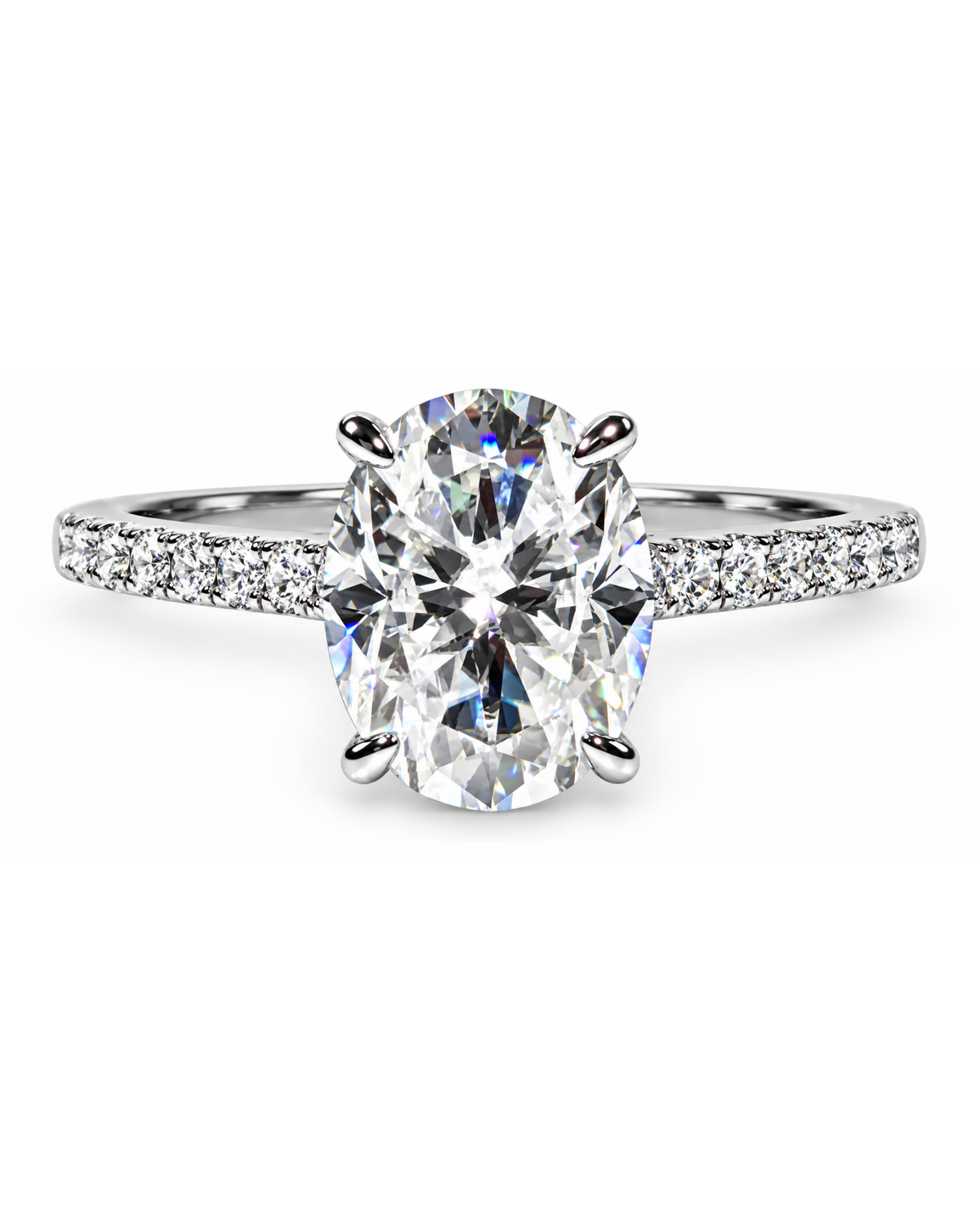 Anillo de compromiso oval Hidden Halo de plata .925 con moissanita, vista frontal.