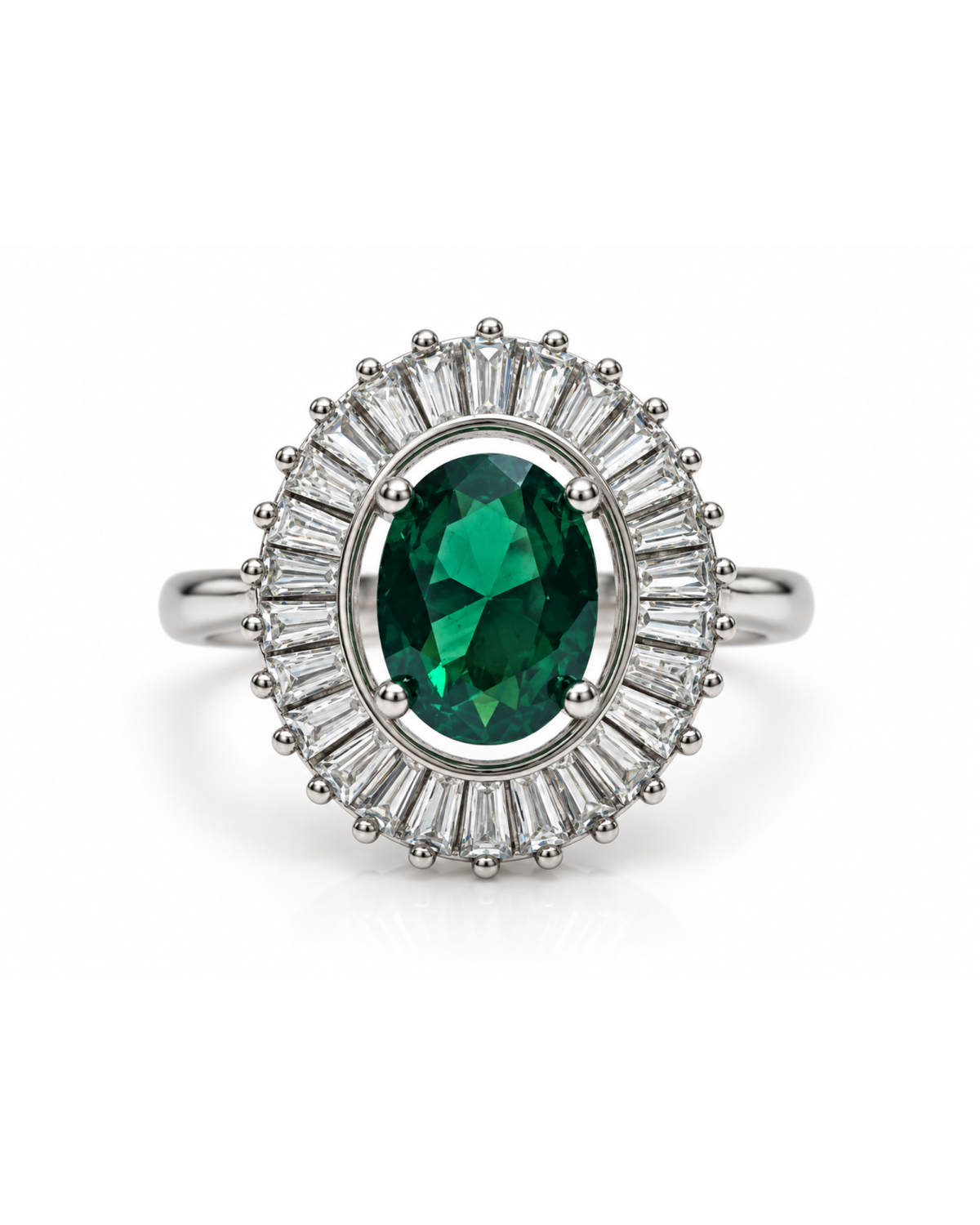 Anillo de zirconia en corte ovalado con halo bailarina de zirconias en plata .925, vista frontal.
