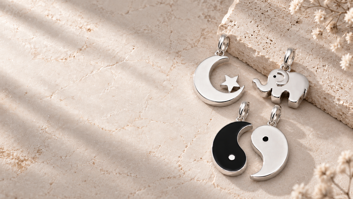 Colección de dijes de plata .925 de luna, elefante y Yin Yang