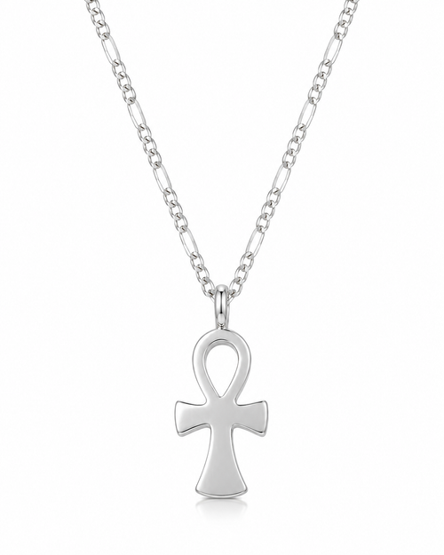 Collar Ankh Cruz Egipcia de Plata .925 completo con cadena sobre fondo blanco