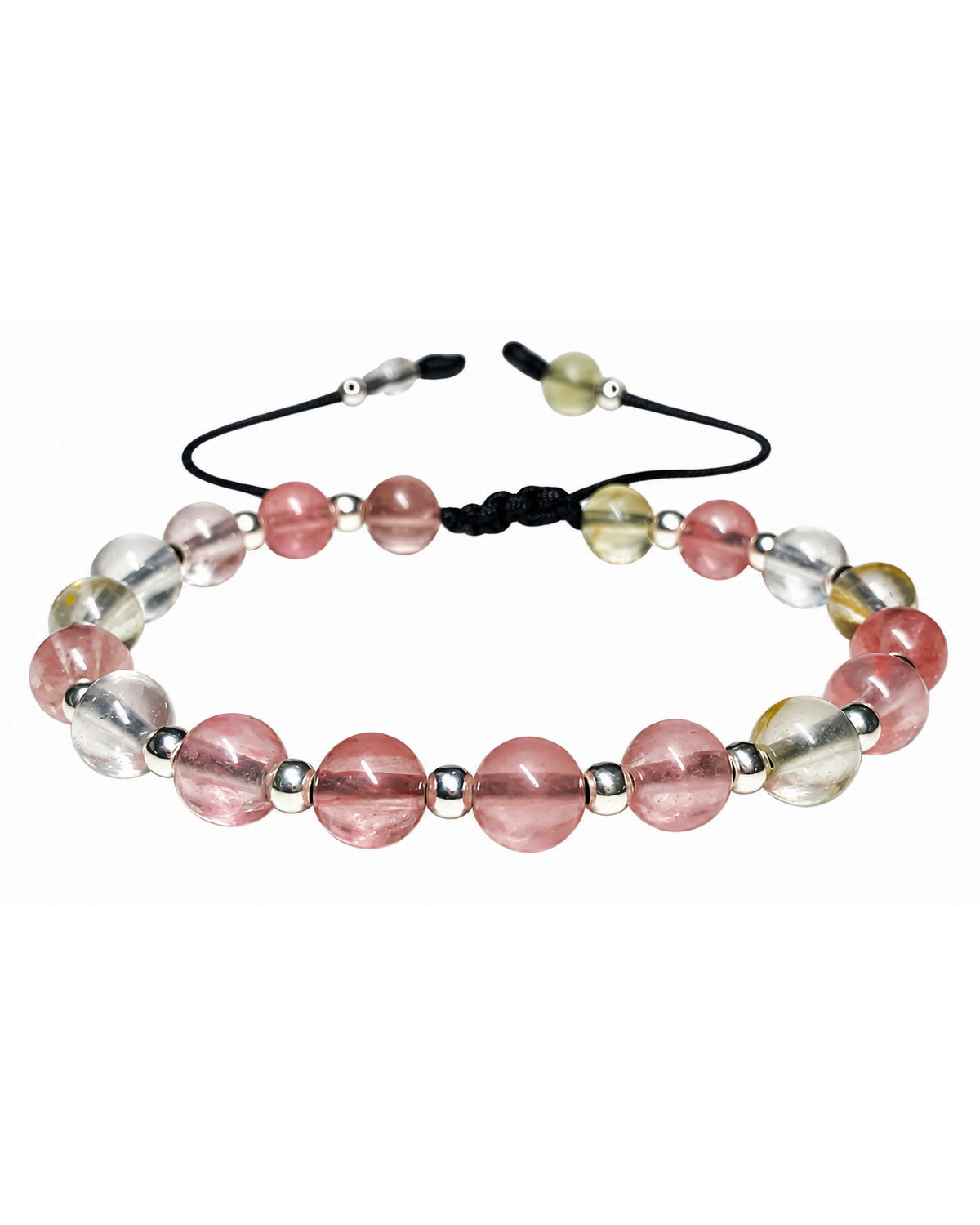 Pulsera de cuarzo fresa y plata .925, vista frontal completa.