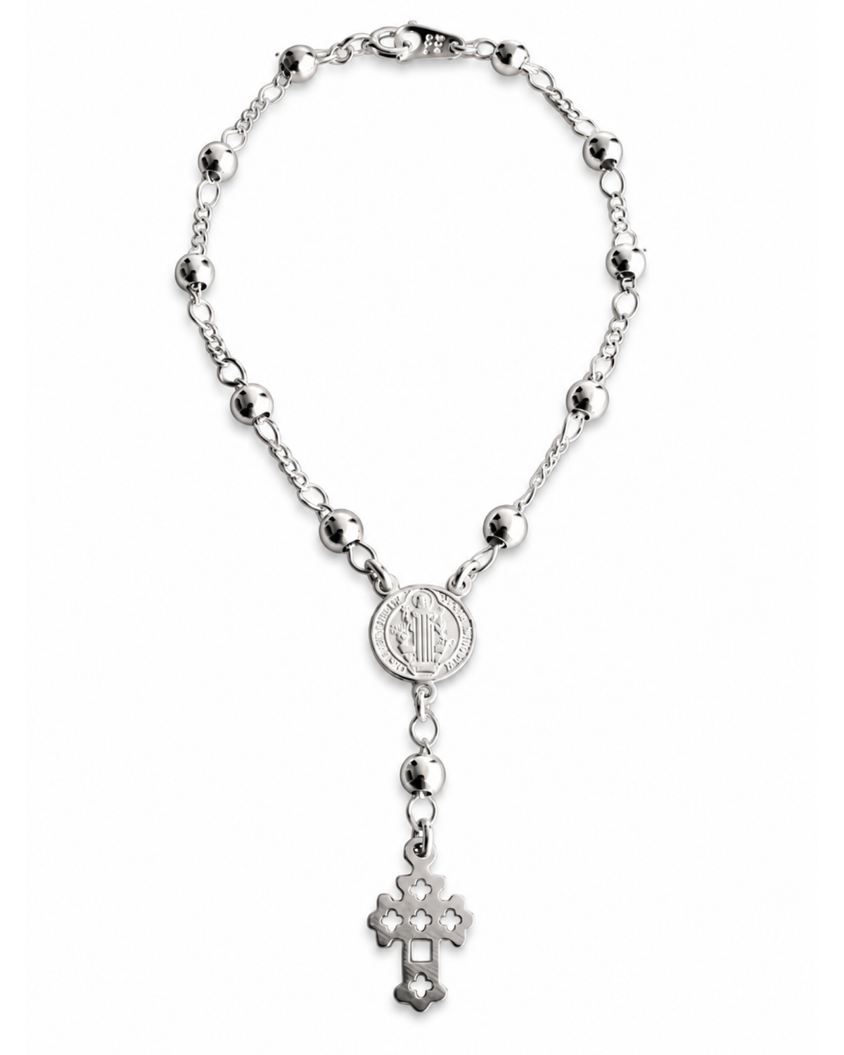 Pulsera Decenario San Benito de plata .925 con cuentas de 4 mm, vista frontal completa.