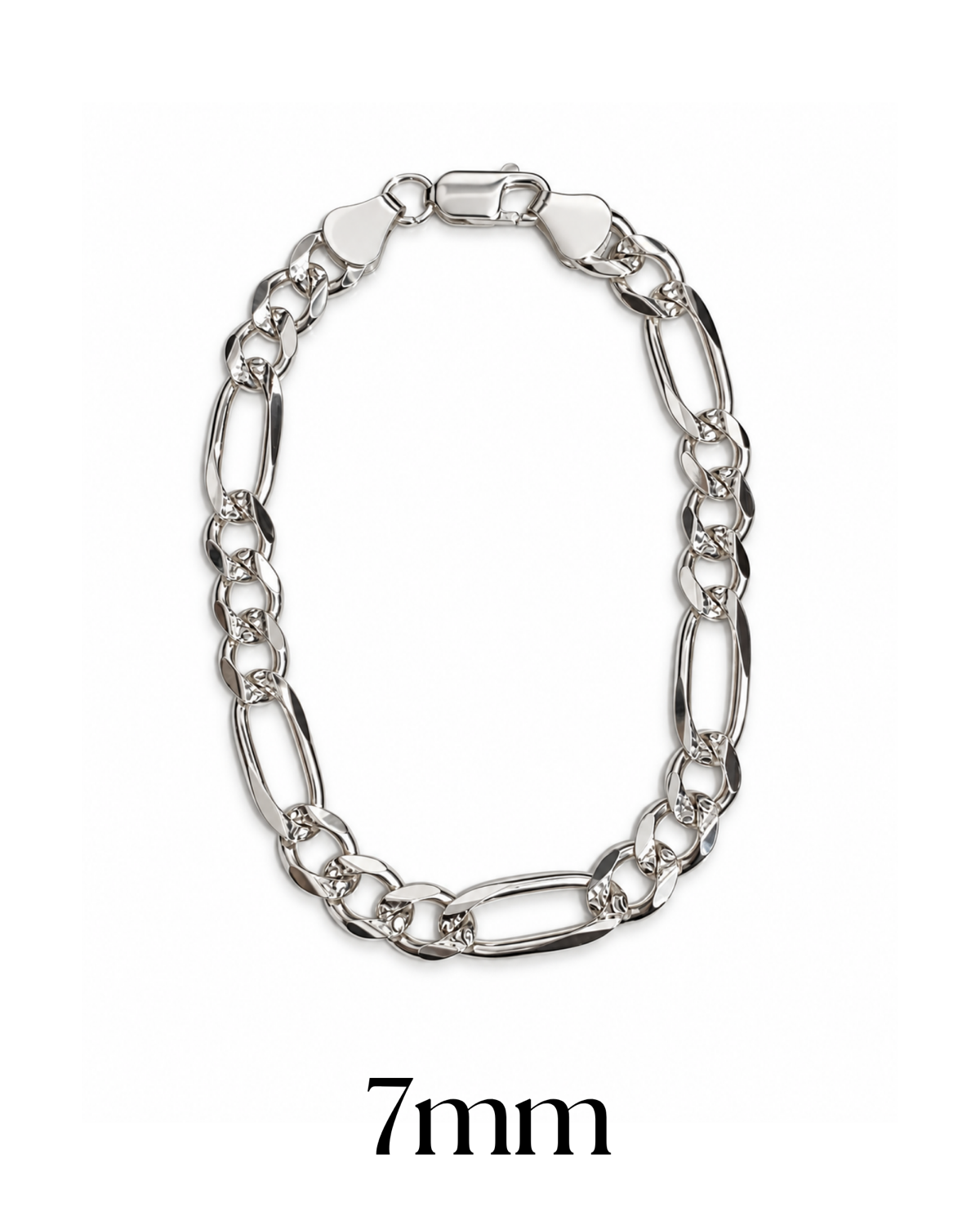 Pulsera Figaro diamantada de 7 mm en plata .925, vista frontal.