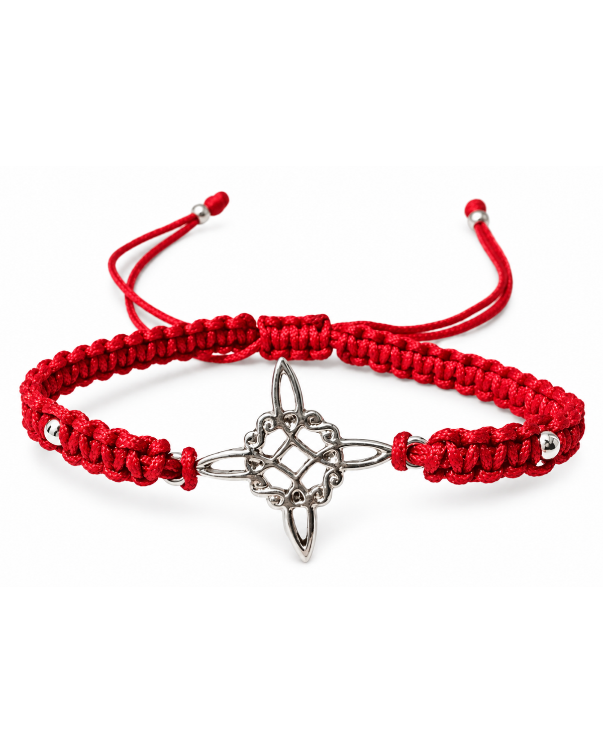 Pulsera Nudo de Bruja Entrelazo roja de plata .925 pavonada, vista en ángulo.