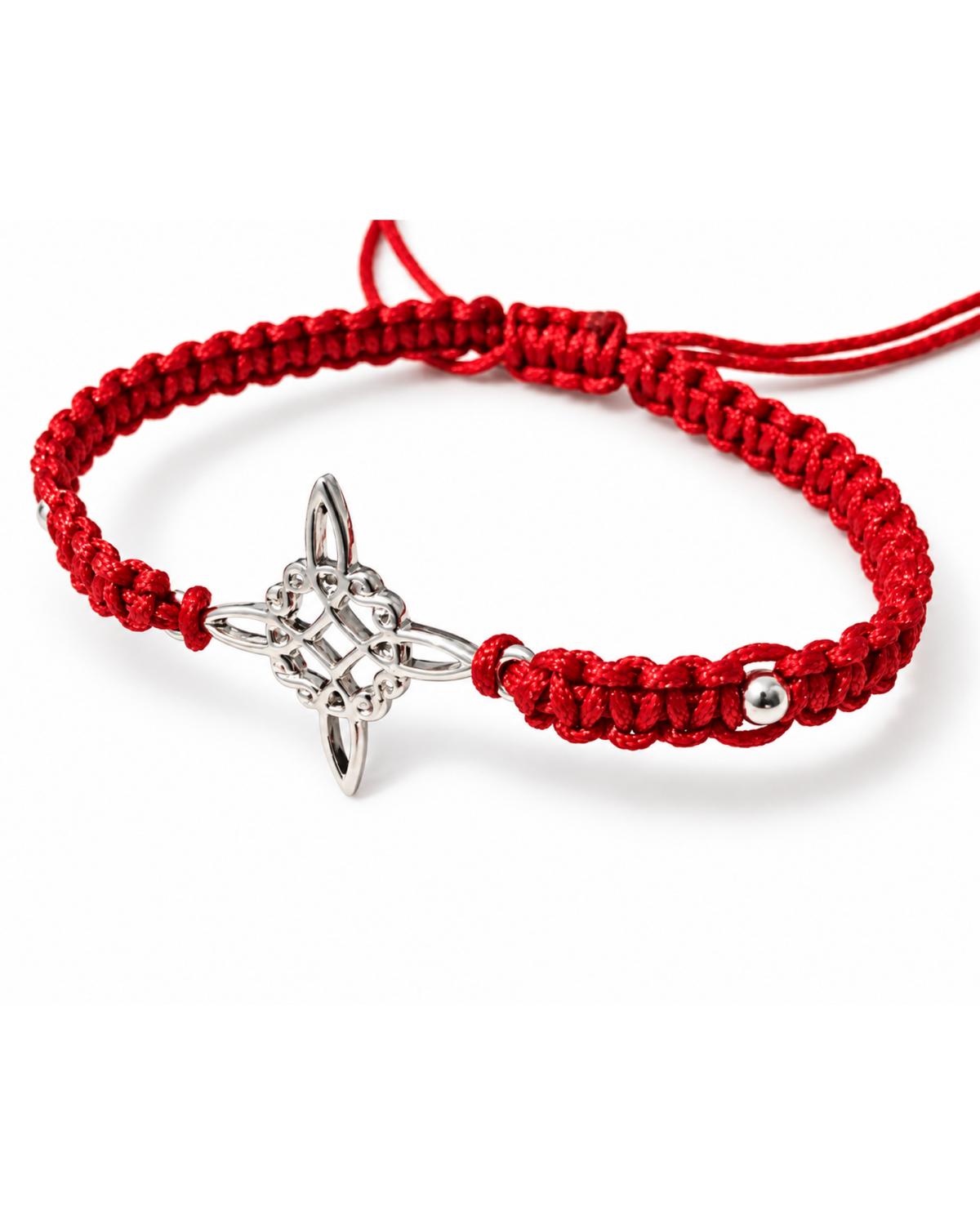 Pulsera Nudo de Bruja Entrelazo roja de plata .925 pavonada, vista frontal completa.