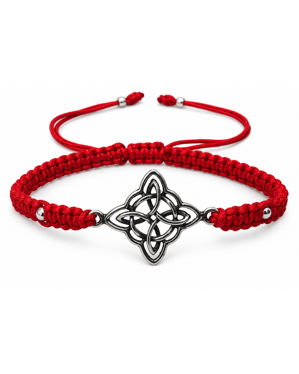 Pulsera Nudo de Bruja roja de plata .925 pavonada, vista frontal completa.