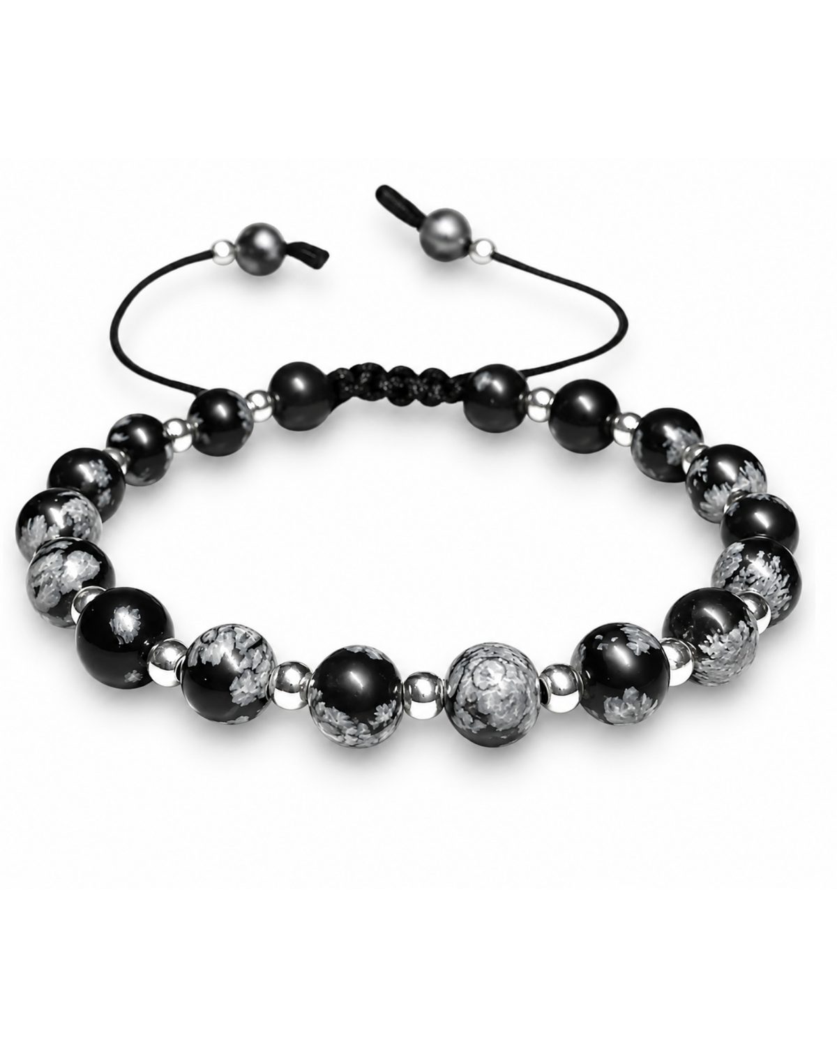 Pulsera de obsidiana nevada y plata .925, vista frontal completa.